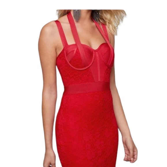 Bebe Red Lace Multi Halter Bustier Dress Bodycon - Picture 2 of 16